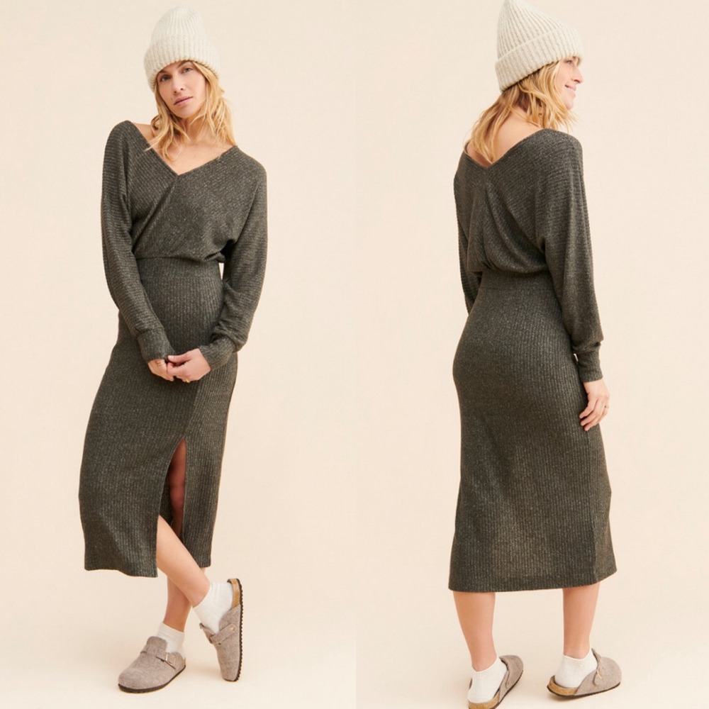 Daily Practice by‎ Anthropologie Barre Midi V-Neck Sweater Dress Charcoal Size M